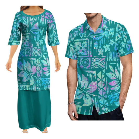Polynesian Matching Outfit For Couple Tropical Island Puletasi Dress Man Shirt Party Set