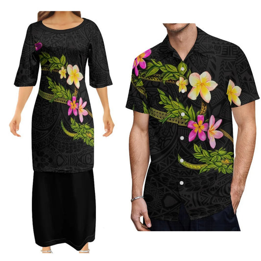 Polynesian Matching Outfit Island Tropical Plumeria Flowers Pattern Black Couple Dress Two-Piece Samoan Puletasi Dress Matching Men Shirt