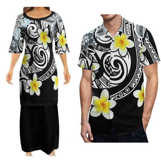 Polynesian Matching Outfit Island Tropical Plumeria Flowers Pattern Couple Dress Two-Piece Samoan Puletasi Dress Matching Men Shirt
