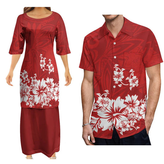 Polynesian Matching Outfit Island Polynesian Tribal Flowers Pattern Couple Dress Two-Piece Samoan Puletasi Dress Matching Men Shirt