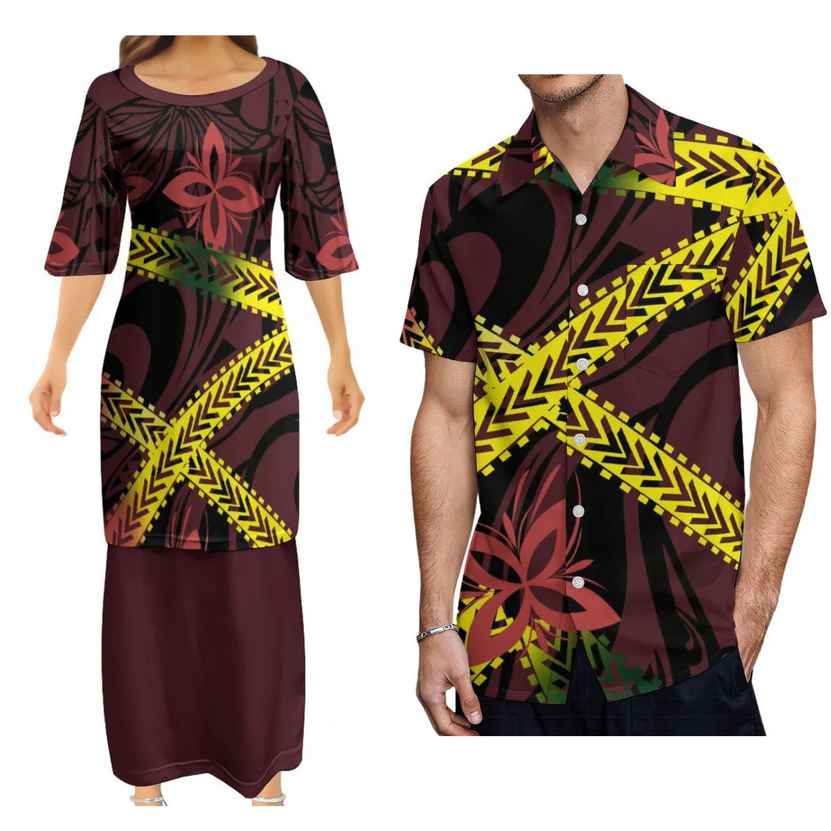 Polynesian Tribal Pattern Printed Couple Dress Two-Piece Samoan Puletasi Dress Matching Men's Aloha Shirt