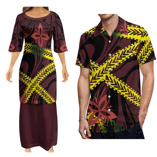 Polynesian Tribal Pattern Printed Couple Dress Two-Piece Samoan Puletasi Dress Matching Men's Aloha Shirt