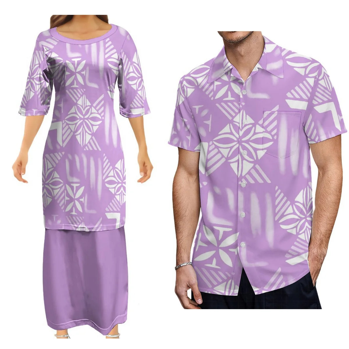 Polynesian Tribal Pattern Purple Couple Dress Two-Piece Samoan Puletasi Dress Matching Men's Aloha Shirt