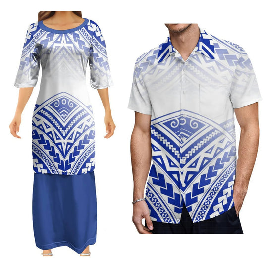 Polynesian Tribal Pattern Printed Blue Couple Dress Two-Piece Samoan Puletasi Dress Matching Men's Aloha Shirt
