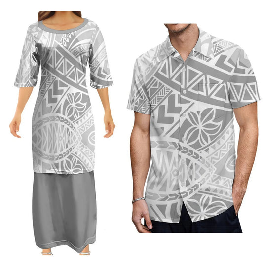 Polynesian Matching Outfit Island Polynesian Tribal Pattern White Printed Couple Dress Two-Piece Samoan Puletasi Dress Matching Men's Aloha Shirt