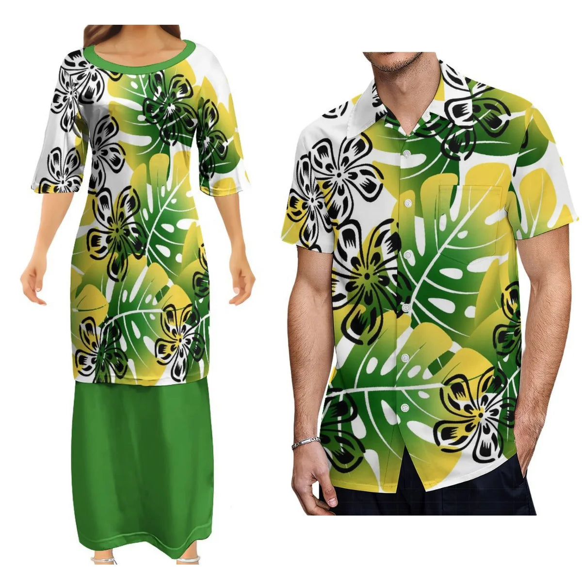 Polynesian Tribal Leaf Pattern Couple Dress Two-Piece Samoan Puletasi Dress Matching Men's Aloha Shirt