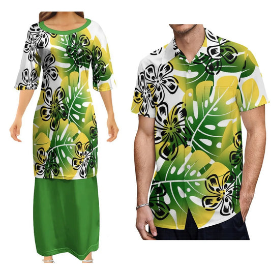 Polynesian Tribal Leaf Pattern Couple Dress Two-Piece Samoan Puletasi Dress Matching Men's Aloha Shirt