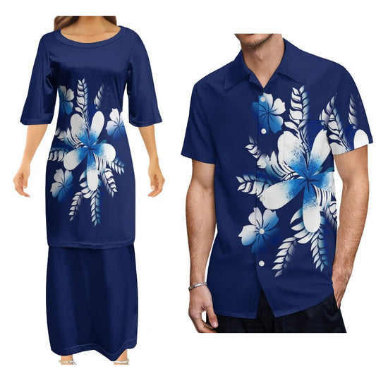 Polynesian Tribal Flowers Pattern Printed Blue Couple Dress Two-Piece Samoan Puletasi Dress Matching Men's Aloha Shirt