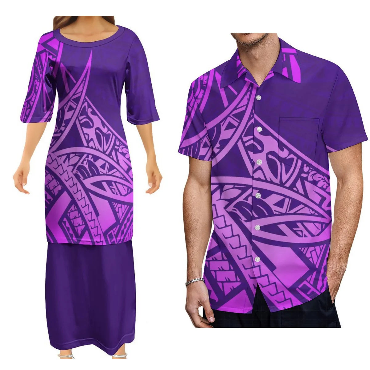 Polynesian Tribal Pattern Purple Printed Couple Dress Two-Piece Samoan Puletasi Dress Matching Men's Aloha Shirt