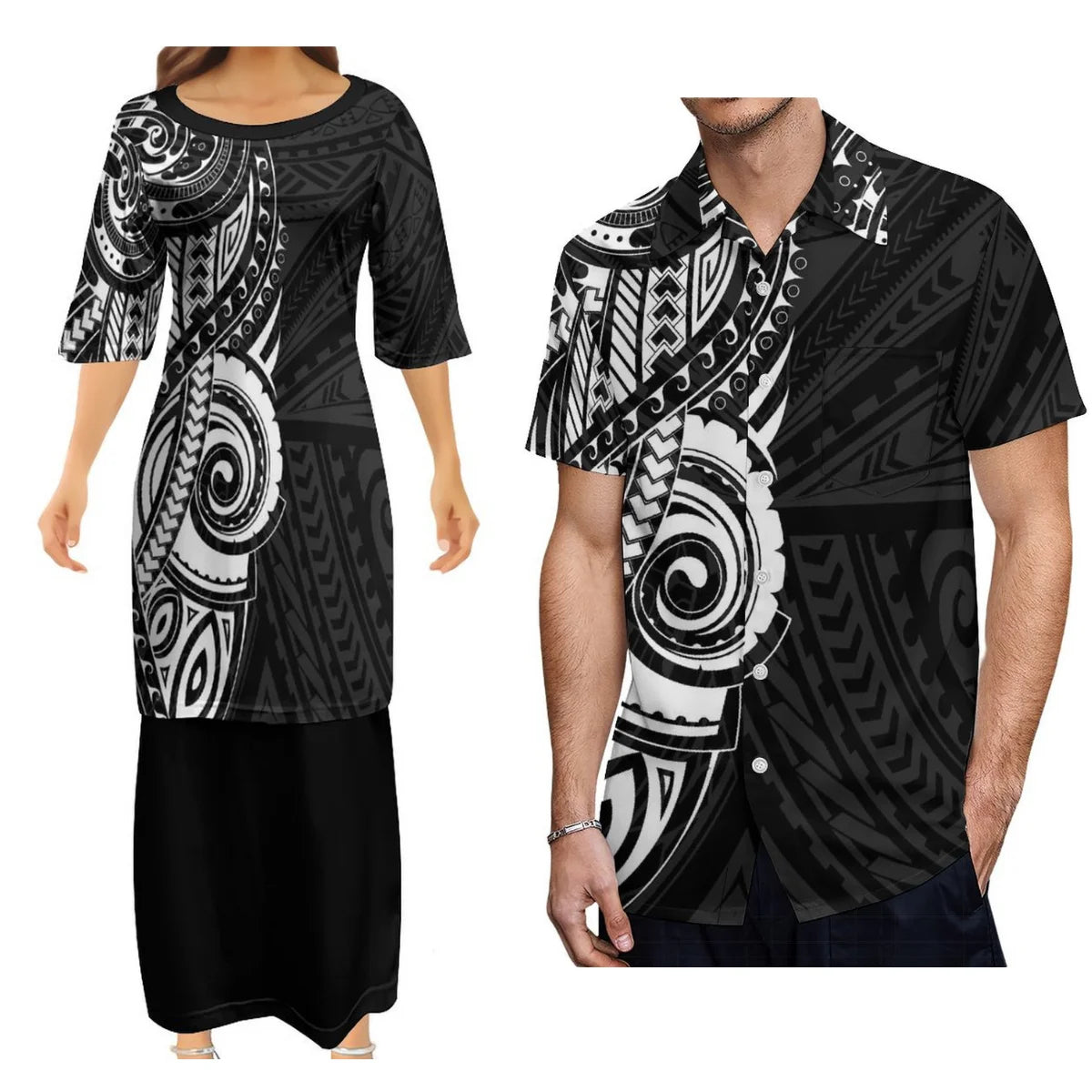 Polynesian Tribal Pattern Printed Black Couple Dress Two-Piece Samoan Puletasi Dress Matching Men's Aloha Shirt