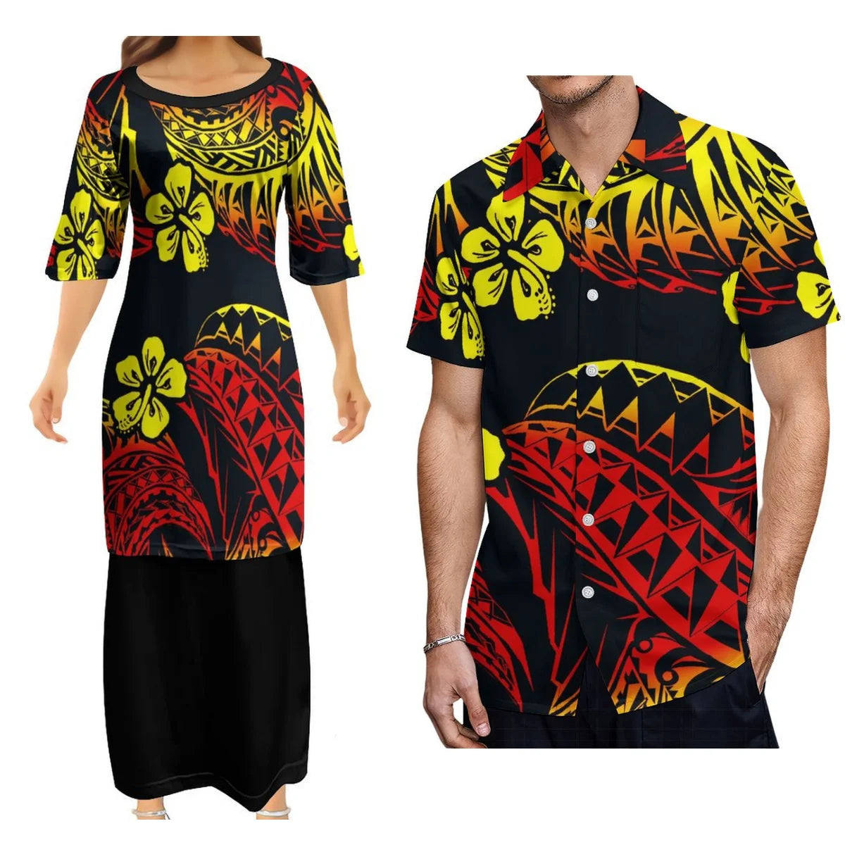 Polynesian Tribal Flowers Pattern Printed Couple Dress Two-Piece Samoan Puletasi Dress Matching Men's Aloha Shirt