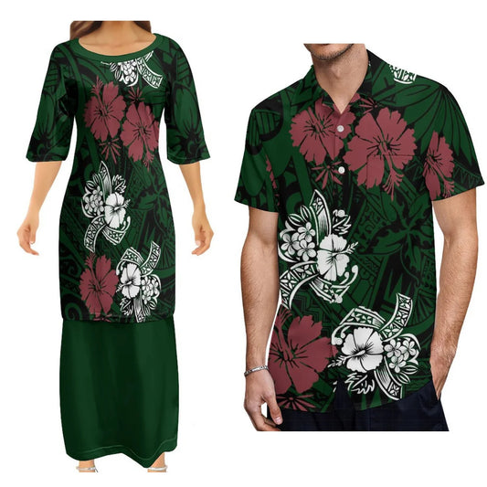 Polynesian Matching Outfit Island Polynesian Tribal Hibiscus Flowers Pattern Printed Couple Dress Two-Piece Samoan Puletasi Dress Matching Men Shirt