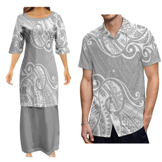 Polynesian Matching Outfit Island Polynesian Tribal Pattern White Printed Couple Dress Two-Piece Samoan Puletasi Dress Matching Men Shirt