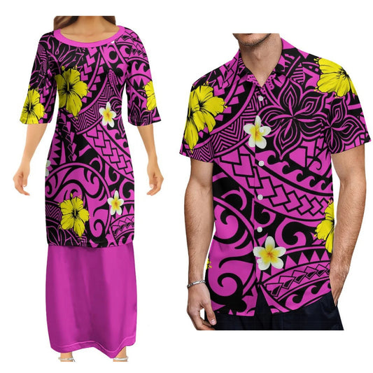 Polynesian Matching Outfit Island Polynesian Tribal Plumeria Flowers Pattern Couple Dress Two-Piece Samoan Puletasi Dress Matching Men Shirt