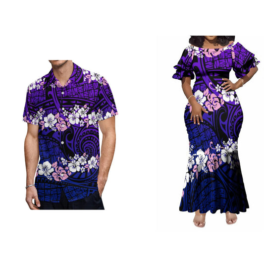 Tropical Flowers Leaf Pattern Polynesian Tribal Matching Couple Wear Fishtail Skirt Dress And Hawaii Shirt Party Dress Outfit