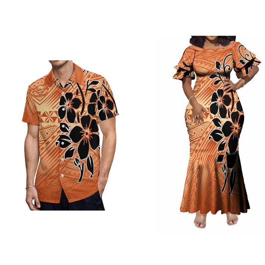 Polynesian Matching Outfit For Couple Flowers Pattern Orange Fishtail Skirt Dress And Hawaiian Shirt