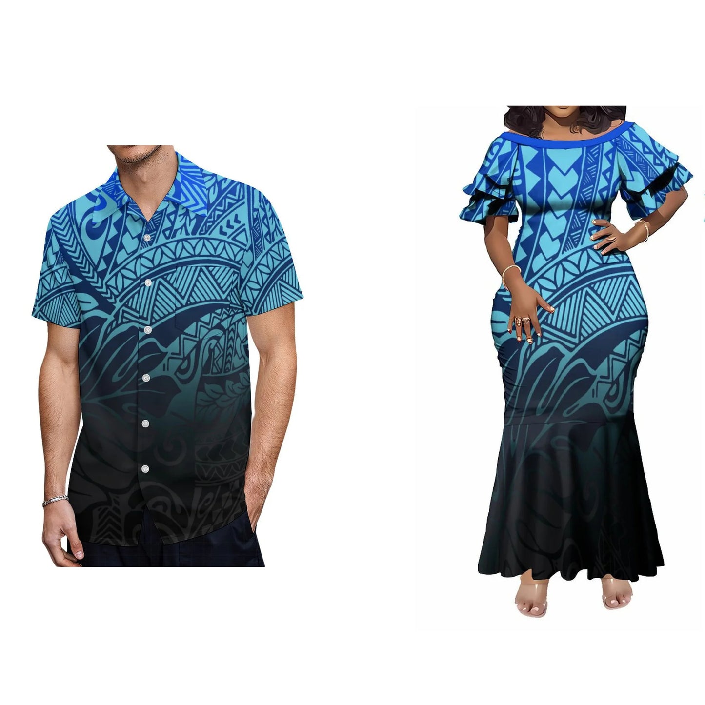 Polynesian Tribal Blue Matching Outfit Women's Short-Sleeved Mermaid Dress Hawaiian Shirt Couple Set For Him Her