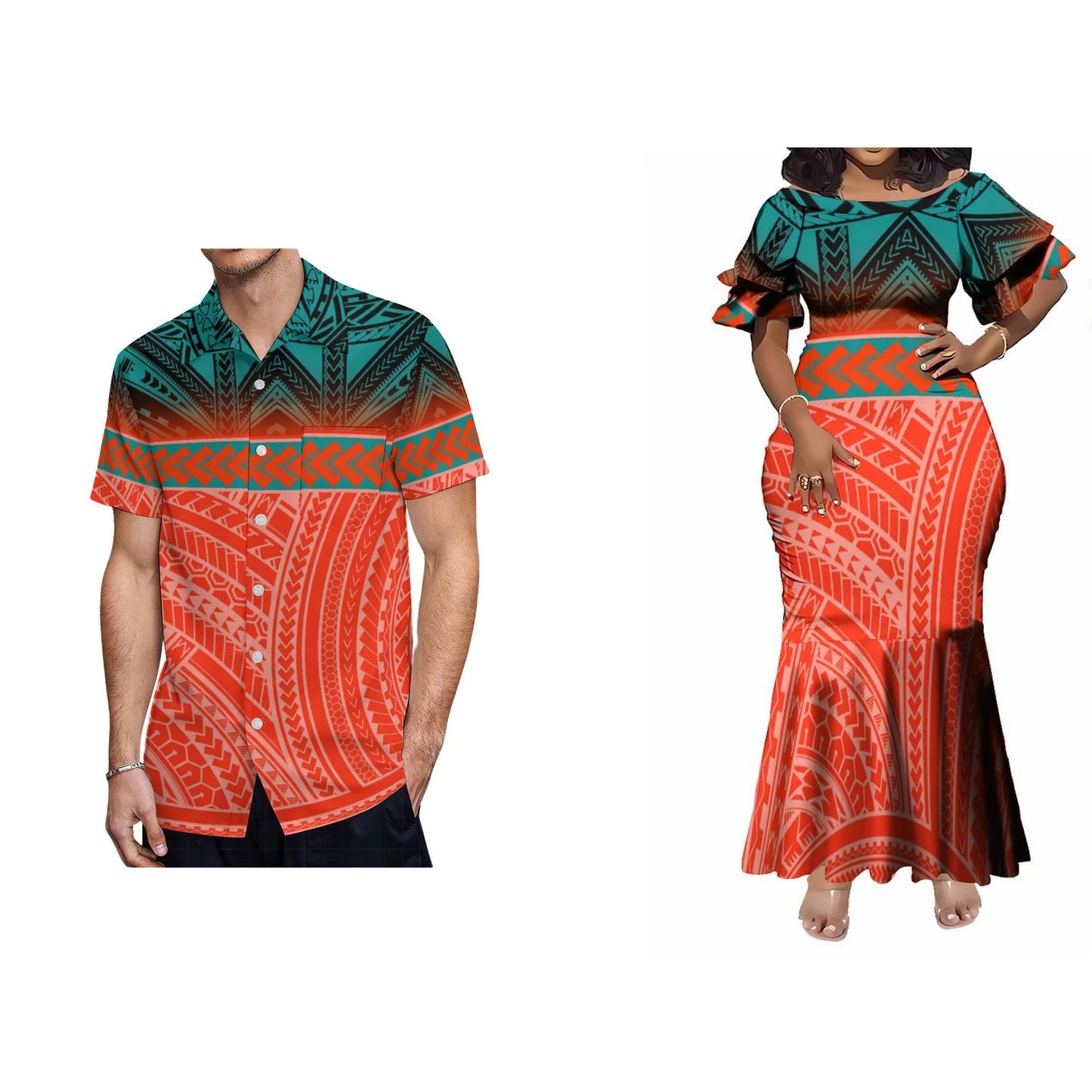 Polynesian Matching Outfit For Couple Island Vibe Pattern Orange Fishtail Skirt Dress And Hawaiian Shirt