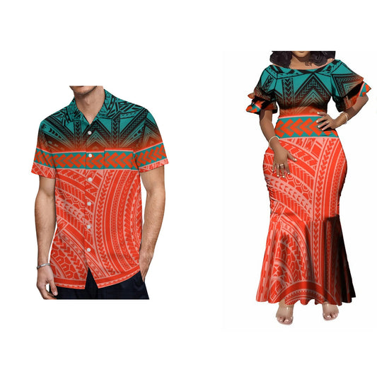 Polynesian Matching Outfit For Couple Island Vibe Pattern Orange Fishtail Skirt Dress And Hawaiian Shirt