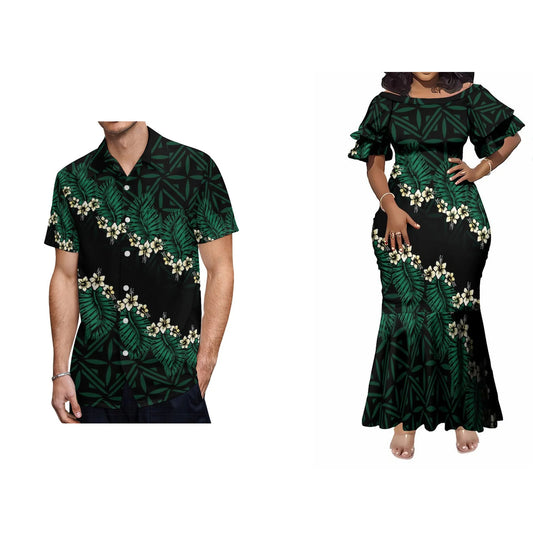 Polynesian Matching Outfit For Couple Island Flowers Pattern Fishtail Skirt Dress And Hawaiian Shirt