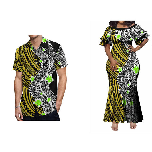 Polynesian Matching Outfit For Couple Curve Style Black Fishtail Skirt Dress And Hawaiian Shirt