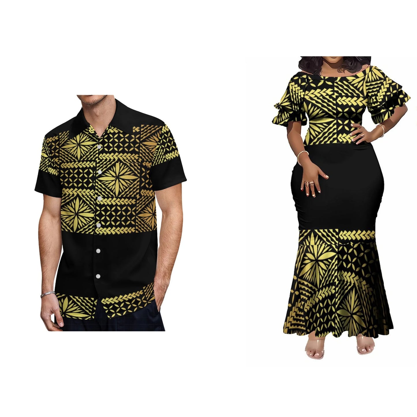 Polynesian Matching Outfit For Couple Geometric Black Fishtail Skirt Dress And Hawaiian Shirt