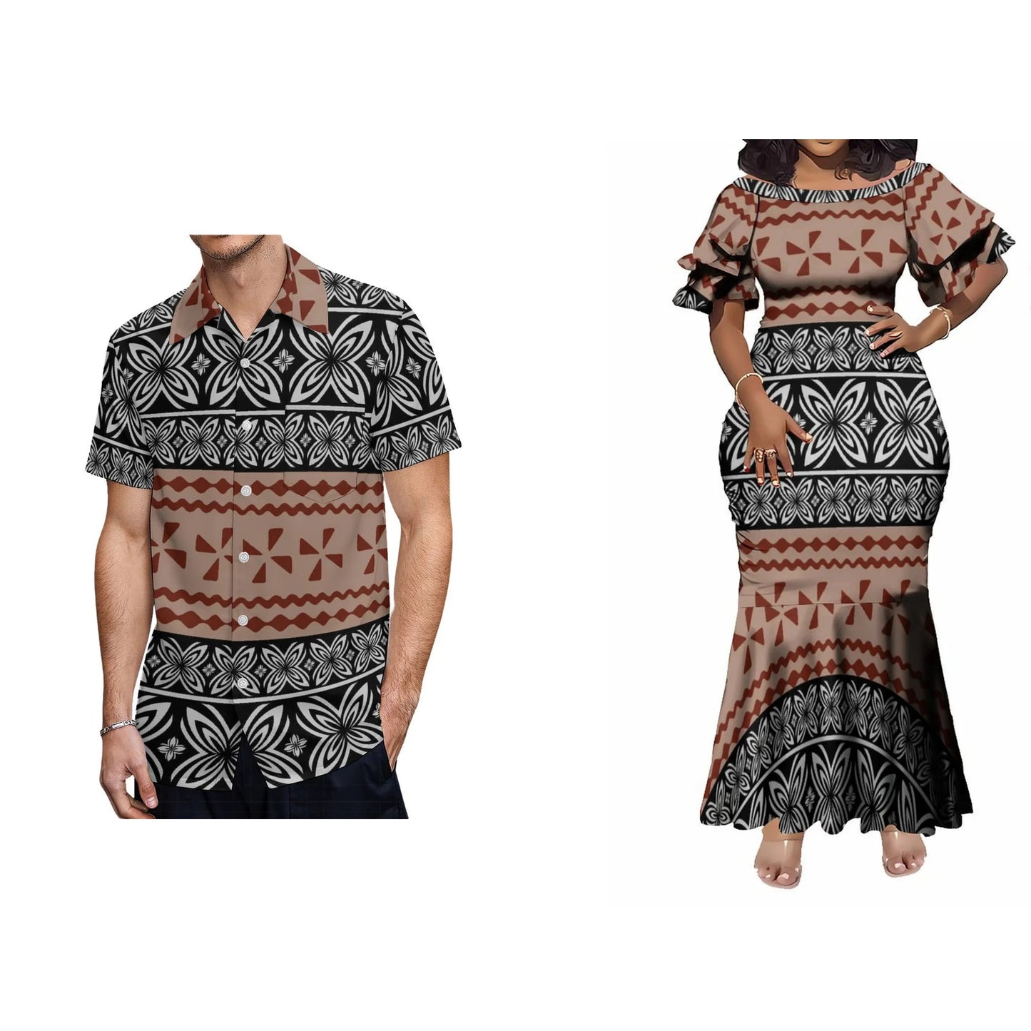 Polynesian Matching Outfit For Couple Island Vibe Pattern Vintage Fishtail Skirt Dress And Hawaiian Shirt
