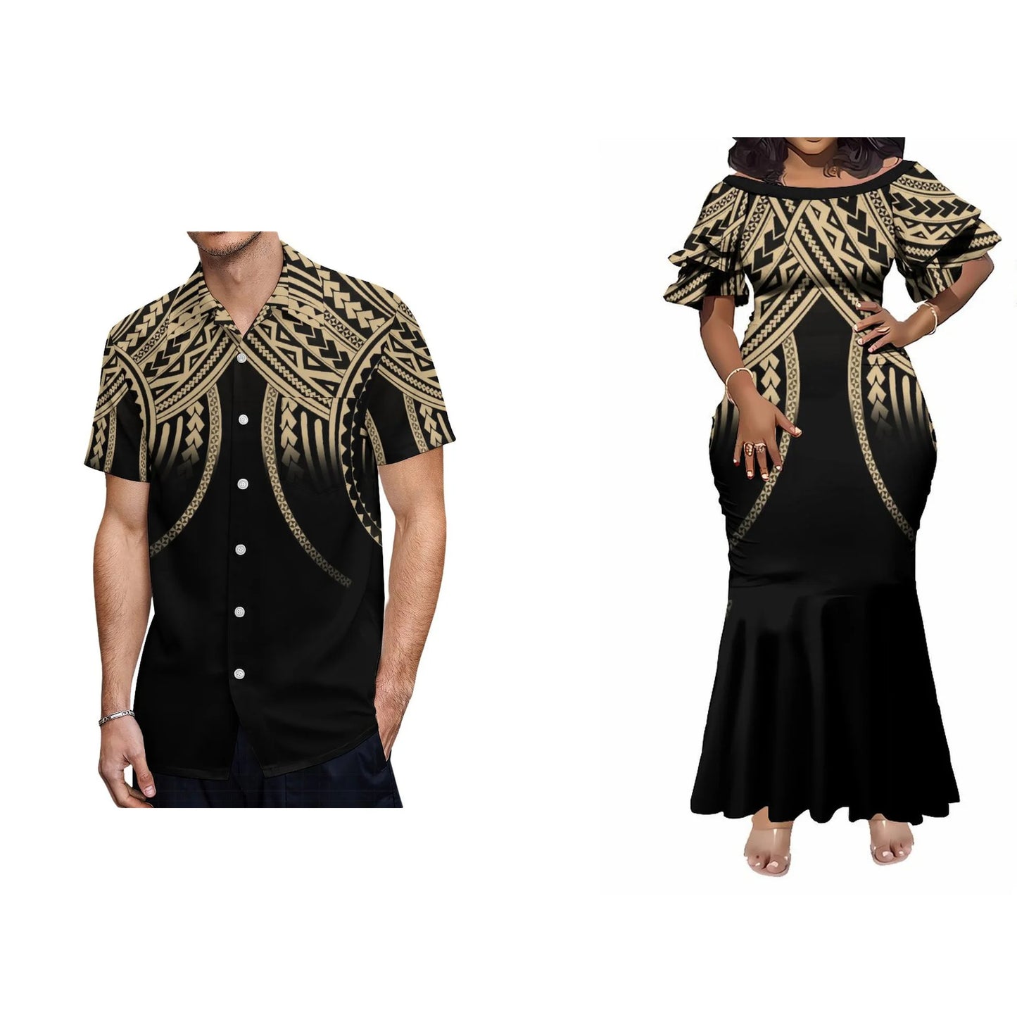 Polynesian Matching Outfit For Couple Island Vibe Pattern Curve Style Fishtail Skirt Dress And Hawaiian Shirt