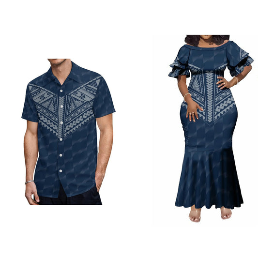 Polynesian Tribal Matching Outfit For Couple Island Vibe Pattern Fishtail Skirt Dress And Hawaiian Shirt