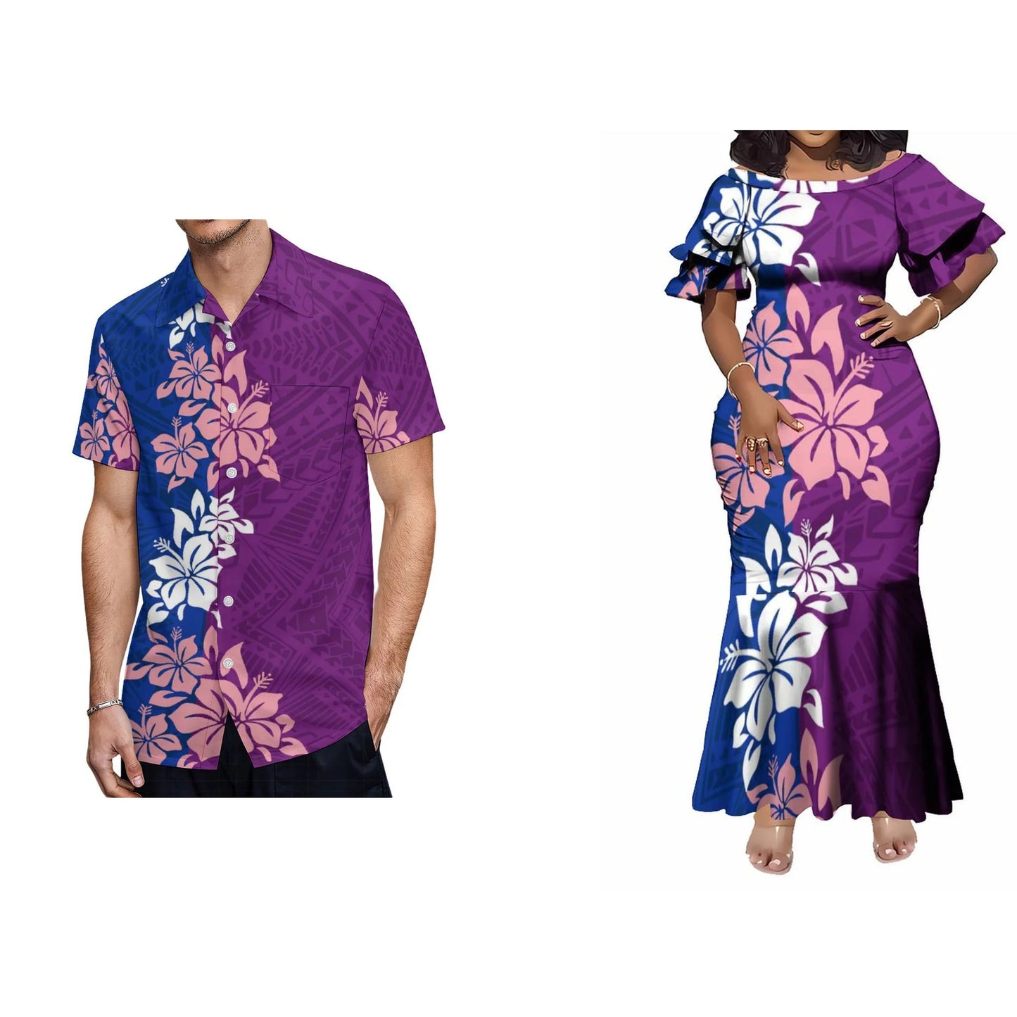 Pacific Island Fishtail Skirt Dress And Shirt Vintage Polynesian Tribal Purple Matching Outfit For Couple