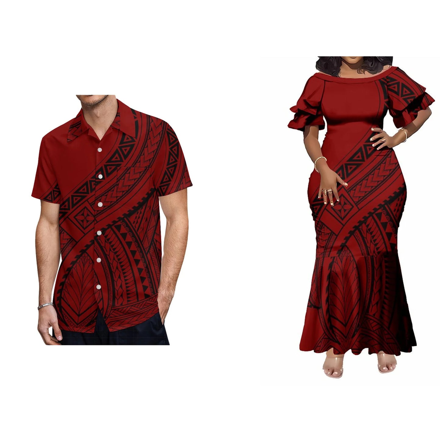 Pacific Island Fishtail Skirt Dress And Shirt Vintage Polynesian Tribal Red Black Matching Outfit For Couple