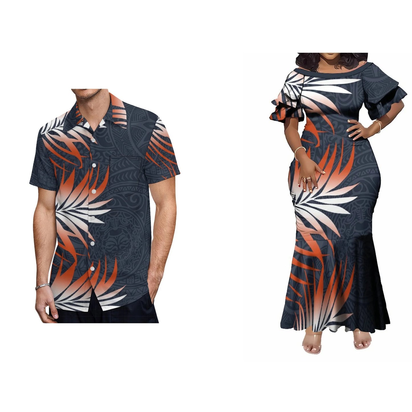 Pacific Island Fishtail Skirt Dress And Shirt Vintage Polynesian Leaf Pattern Matching Outfit For Couple