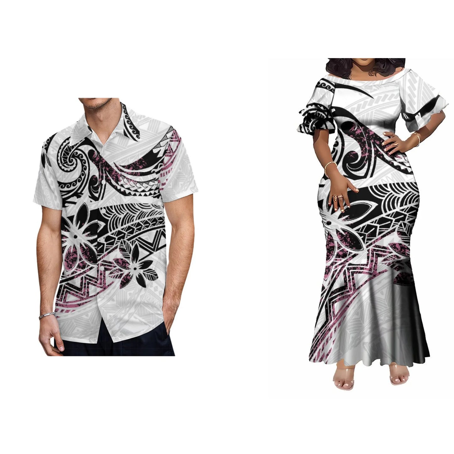 Pacific Island Fishtail Skirt Dress And Shirt Vintage Polynesian Vintage Flowers Matching Outfit For Couple