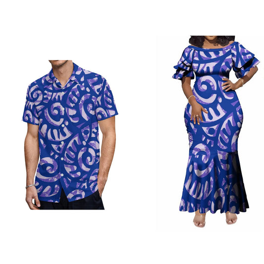 Polynesian Matching Outfit For Couple Island Vibe Pattern Fishtail Skirt Dress And Hawaiian Shirt