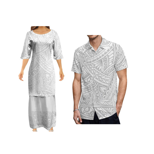 White Polynesian Tribal Pattern Tropical Flower Couple Outfit Matching Island Dress And Hawaiian Shirt