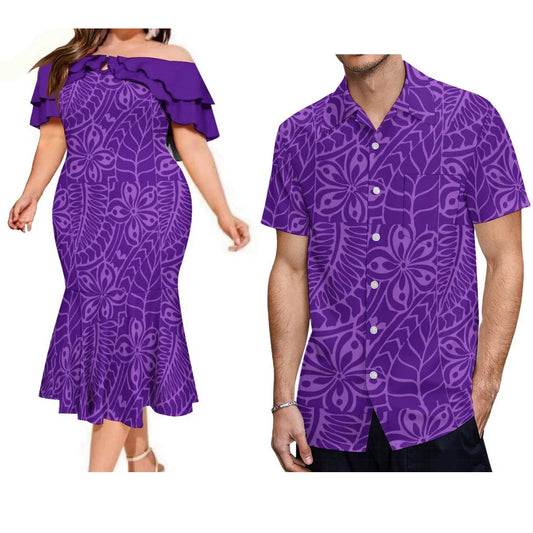 Polynesian Couple Matching Outfit For Couple Island Polynesian Flowers Purple Off Shoulder Mermaid Dress And Shirt Outfit Set