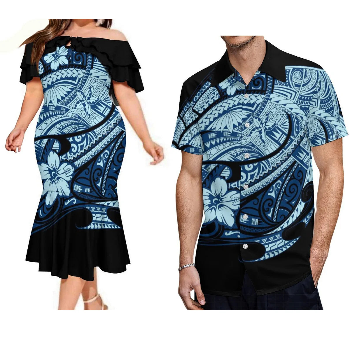 Polynesian Couple Matching Outfit For Couple Island Polynesian Hibiscus Flowers Pattern Black Off Shoulder Mermaid Dress And Shirt Outfit Set