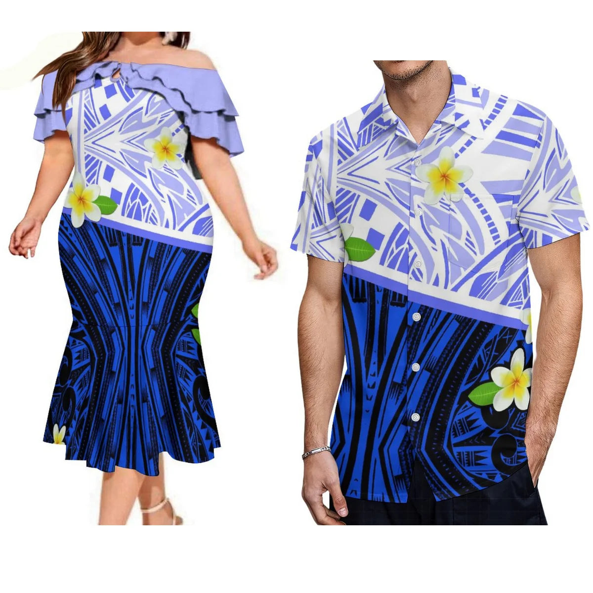 Polynesian Couple Matching Outfit For Couple Island Polynesian Plumeria Flowers Pattern Off Shoulder Mermaid Dress And Shirt Outfit Set