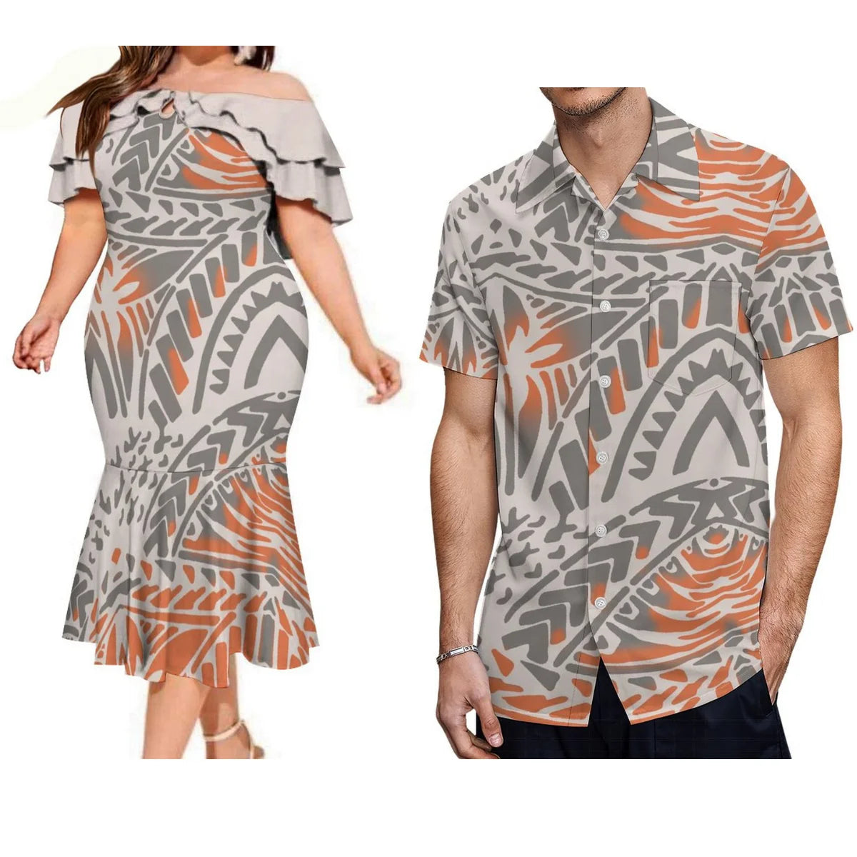 Polynesian Couple Matching Outfit For Couple Island Polynesian Tribal Tropical Pattern Off Shoulder Mermaid Dress And Shirt Outfit Set