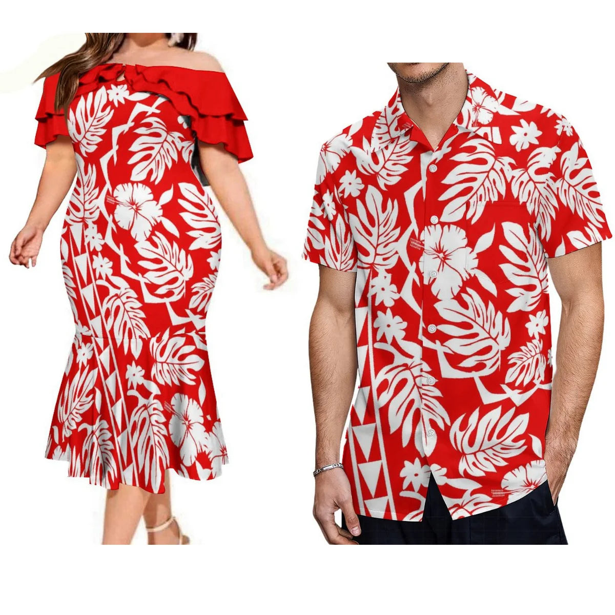 Polynesian Couple Matching Outfit For Couple Island Flowers Pattern Red Off Shoulder Mermaid Dress And Shirt Outfit Set