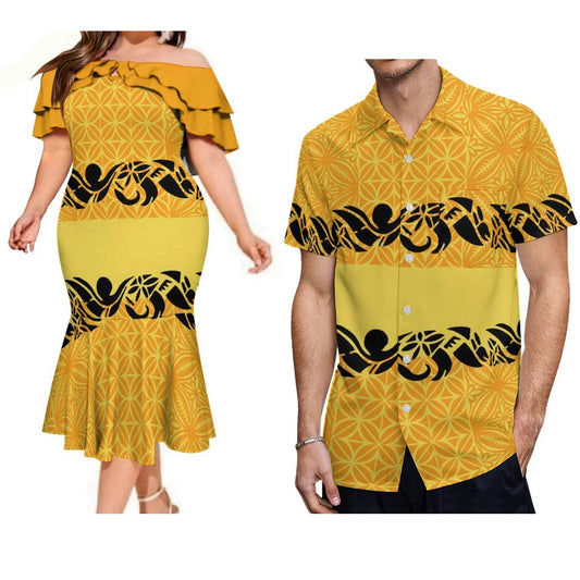 Polynesian Couple Matching Outfit For Couple Island Polynesian Tribal Pattern Yellow Off Shoulder Mermaid Dress And Shirt Outfit Set