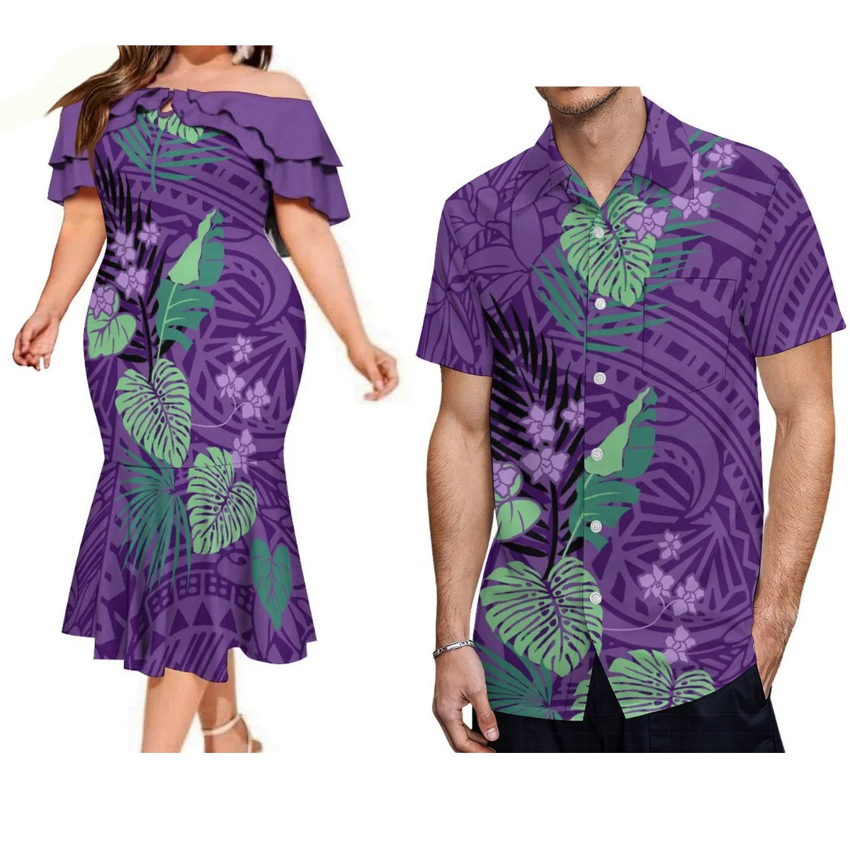 Polynesian Couple Matching Outfit For Couple Island Polynesian Leaf Flowers Pattern Purple Off Shoulder Mermaid Dress And Shirt Outfit Set