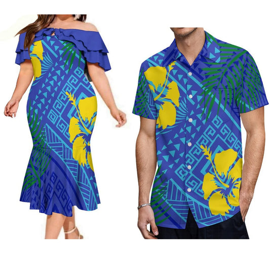 Polynesian Couple Matching Outfit For Couple Island Polynesian Hibiscus Flowers Pattern Blue Off Shoulder Mermaid Dress And Shirt Outfit Set