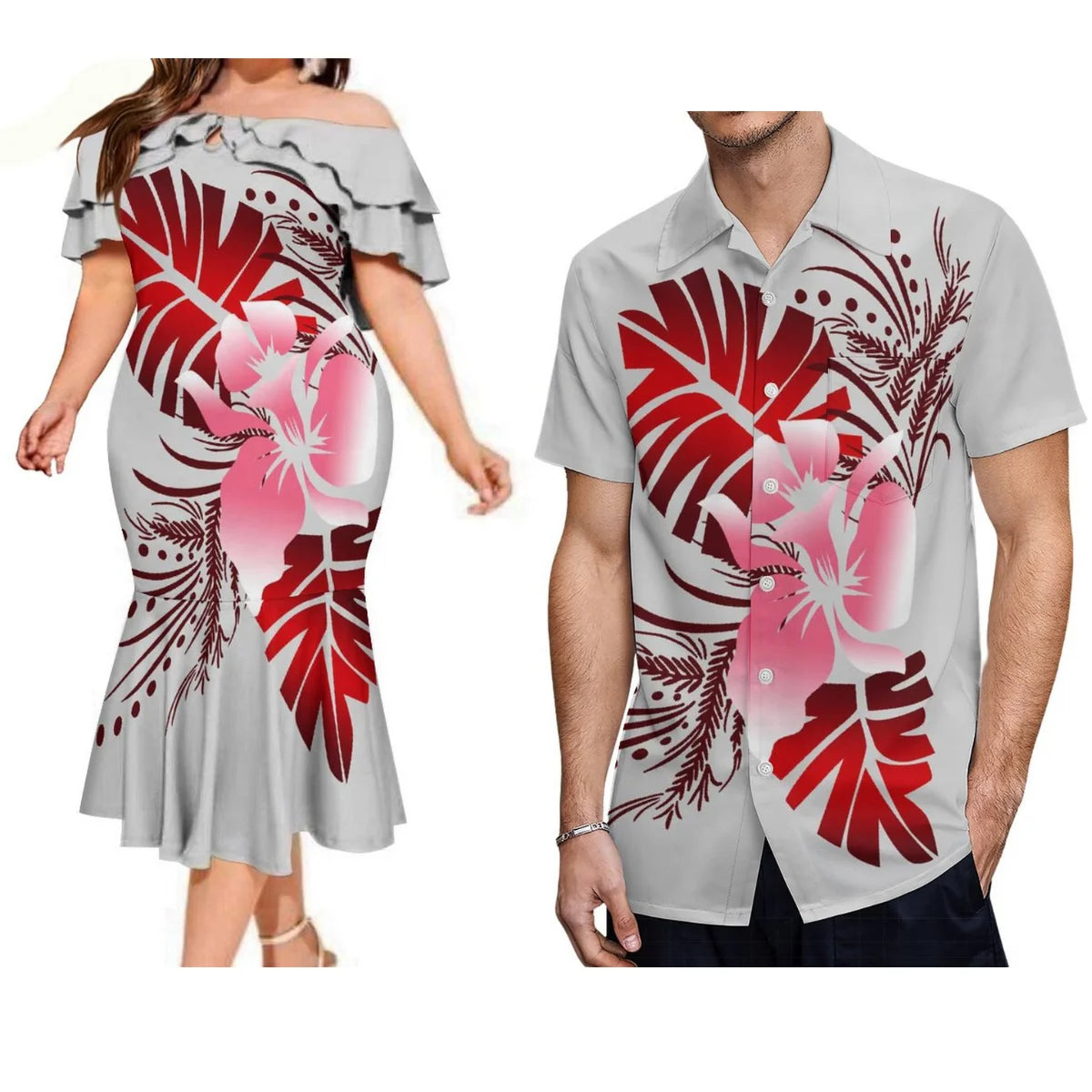 Polynesian Couple Matching Outfit For Couple Island Polynesian Leaf Flowers Pattern Off Shoulder Mermaid Dress And Shirt Outfit Set