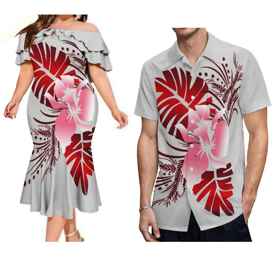 Polynesian Couple Matching Outfit For Couple Island Polynesian Leaf Flowers Pattern Off Shoulder Mermaid Dress And Shirt Outfit Set
