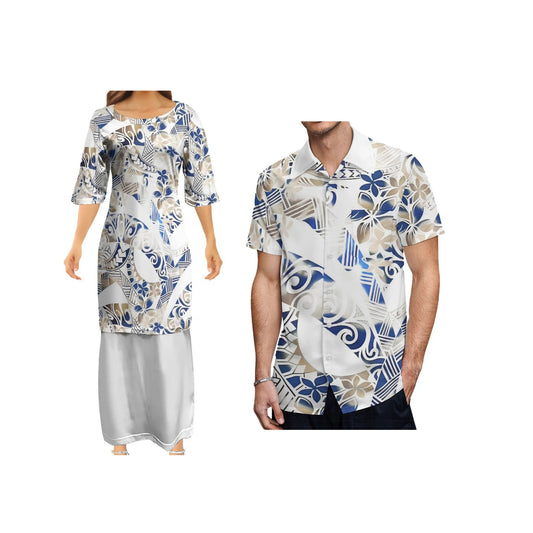 Polynesian Tribal Pattern Tropical Flower White Couple Outfit Matching Island Dress And Hawaiian Shirt