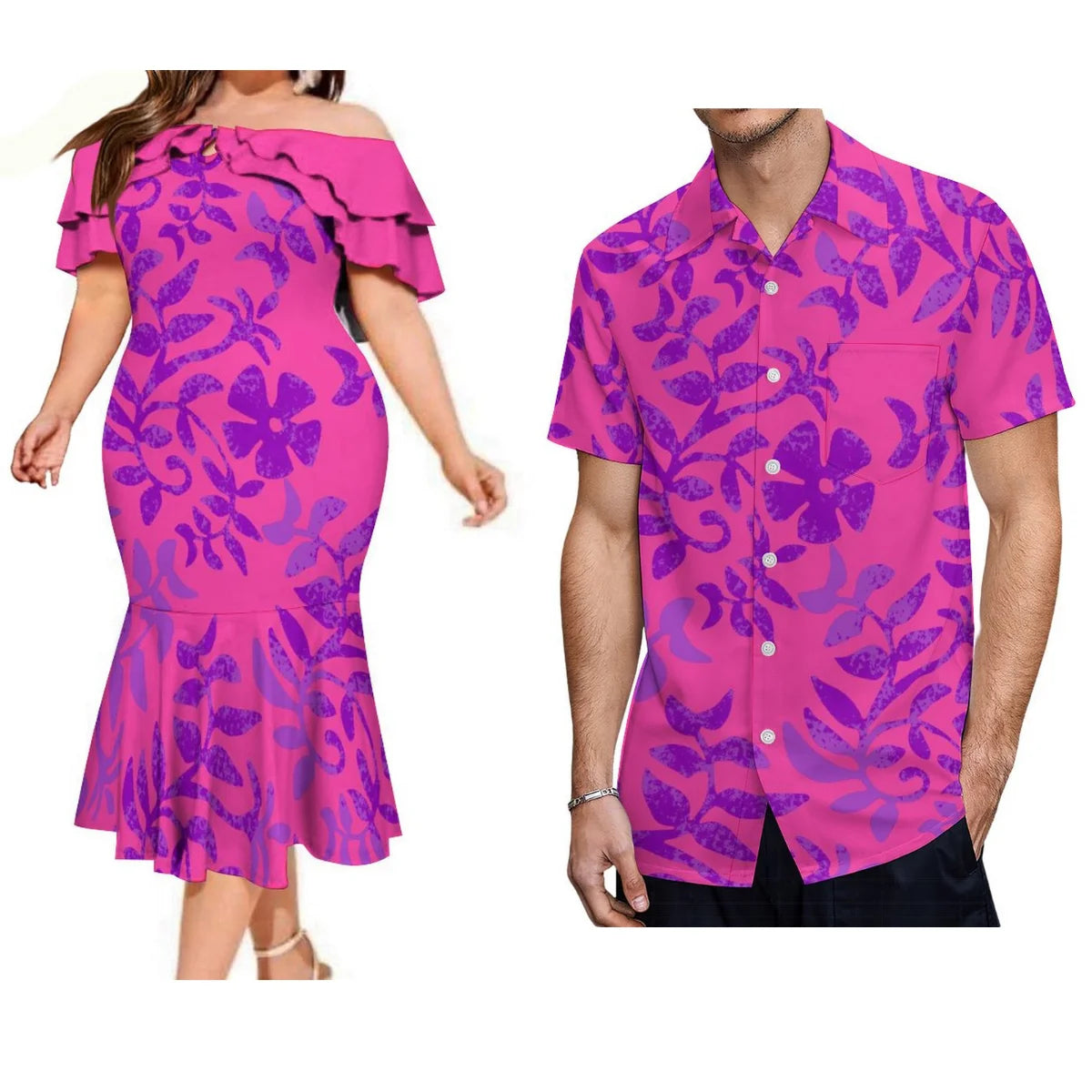 Polynesian Pair Outfit Island Polynesian Flowers Pink Off Shoulder Mermaid Dress And Shirt Outfit Set