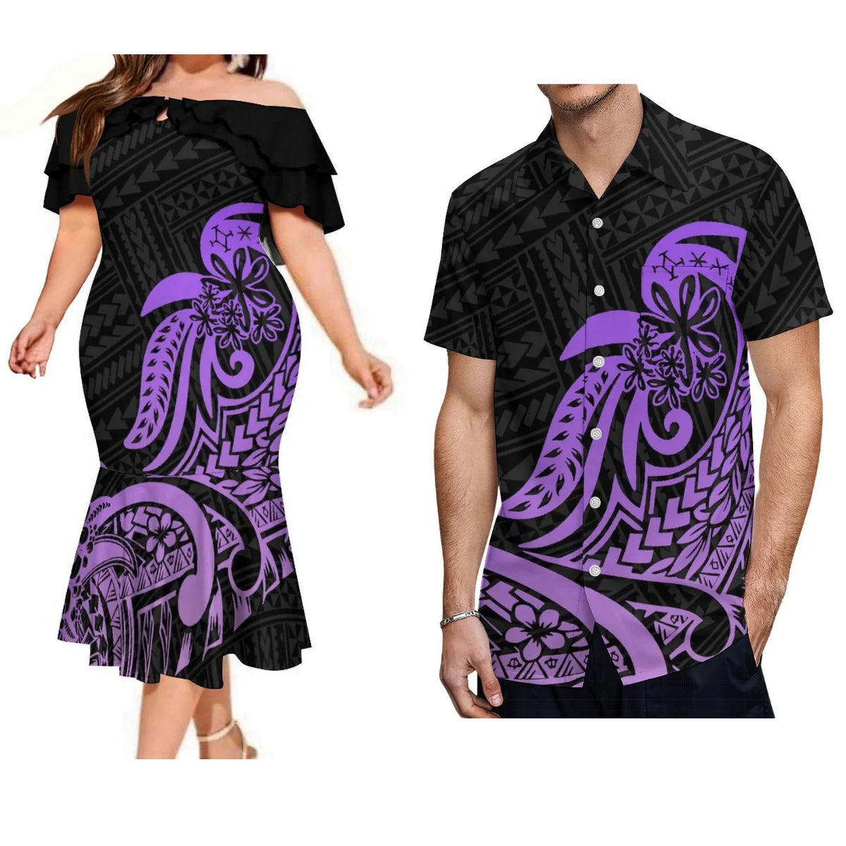 Polynesian Pair Outfit Island Polynesian Flowers Black Off Shoulder Mermaid Dress And Shirt Outfit Set