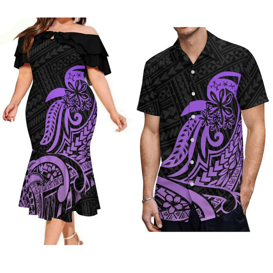 Polynesian Pair Outfit Island Polynesian Flowers Black Off Shoulder Mermaid Dress And Shirt Outfit Set