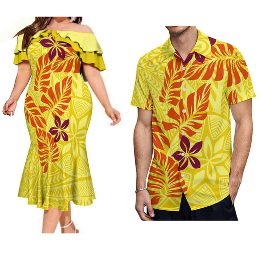 Polynesian Pair Outfit Island Polynesian Flowers Leaf Pattern Yellow Off Shoulder Mermaid Dress And Shirt Outfit Set
